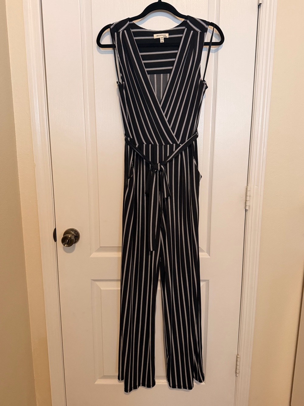 Monteau Black and White Striped Sleeveless Wrap Jumpsuit